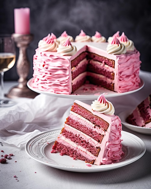 Torta generata dall'intelligenza artificiale con crema rosa e pizzo su un vassoio vintage