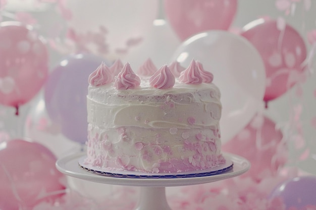 Torta gustosa sul tavolo sfocati palloncini sullo sfondo