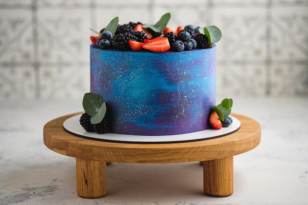 Torta in stile Cosmos decorata con bacche fresche ed erbe aromatiche