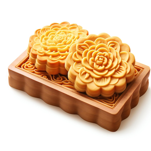 Torta lunare cinese tradizionale in vassoio di legno isolata su sfondo bianco