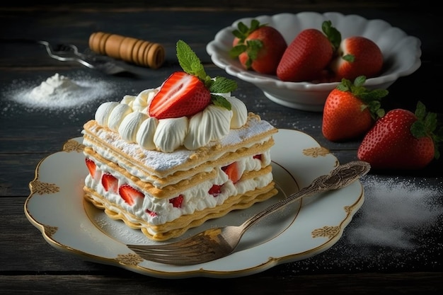 Torta napoleone da dessert dolce con panna e fragole sul piatto sul tavolo