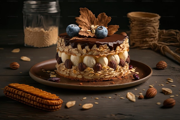 Torta napoleone fatta in casa decorata con noci e crema al cioccolato