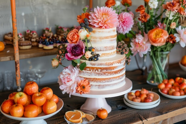 Torta nuziale a più livelli adornata con fiori e bacche su un elegante tavolo da dessert con frutta fresca