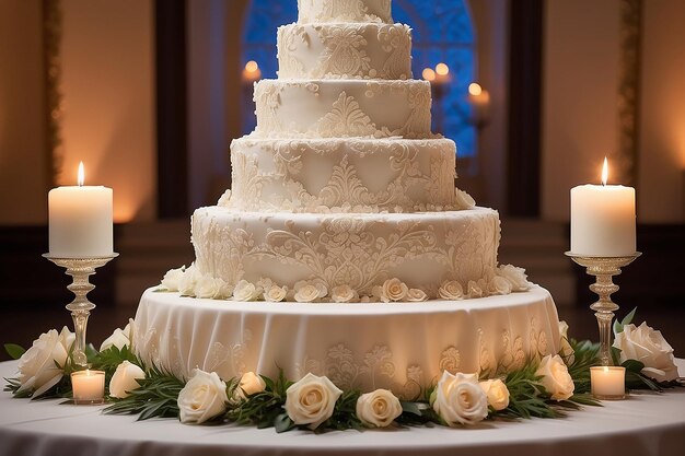 Torta nuziale con candele sul tavolo alla reception