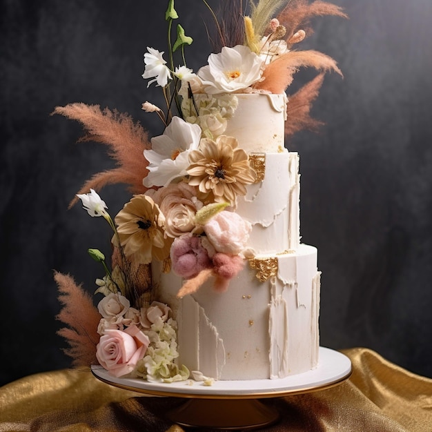 Torta nuziale decorata con fiori e foglie su sfondo marrone