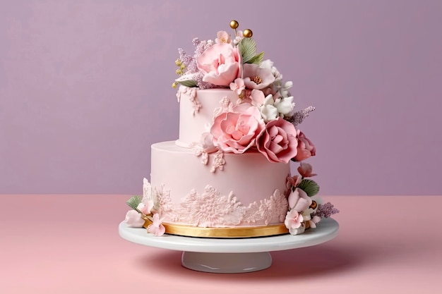 Torta nuziale decorata con fiori su uno sfondo delicato