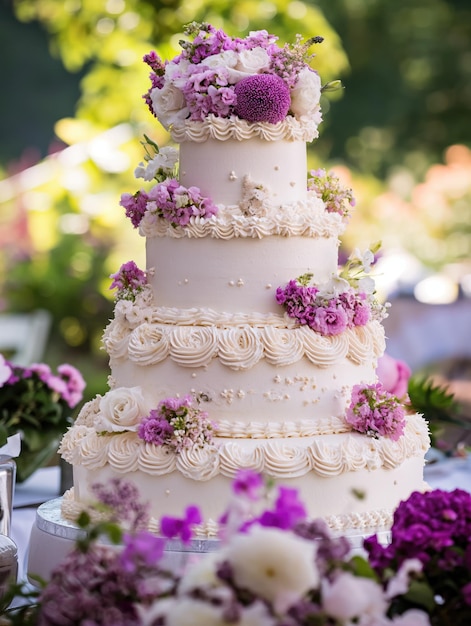 Torta nuziale decorata con rose illuminate dal sole in giardinoxA