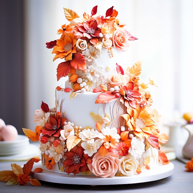 Torta nuziale fresca bouquet di fiori eleganza rosa crema indulgente generata da ai