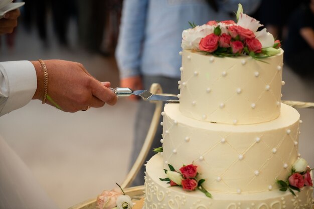 Torta nuziale, mani e coltello, taglio