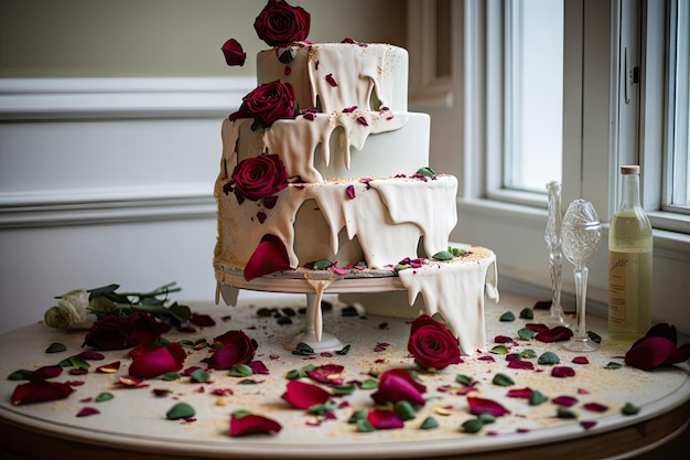 Torta nuziale rotta con glassa in cascata e petali di rosa creati con AI generativa