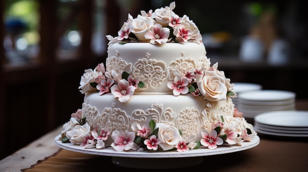 Torta nuziale splendidamente decorata con dettagli intricati