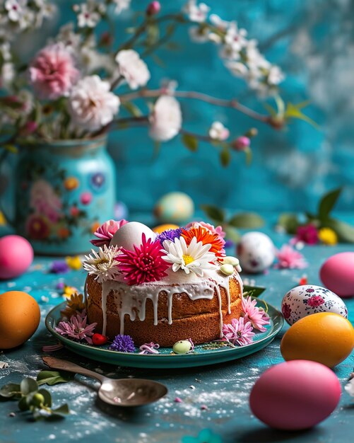 Torta pasquale con fiori e uova su sfondo turchese