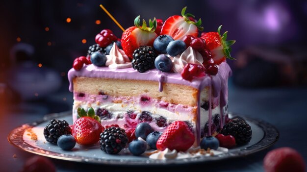 Torta pastello su piatto decorato con fiori e bacche