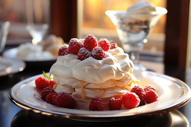 torta pavlova sulla bellissima decorazione invernale fotografia pubblicitaria professionale di cibo