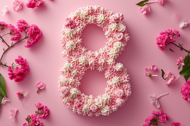 Torta per la festa della donna a forma di numero otto su sfondo rosa