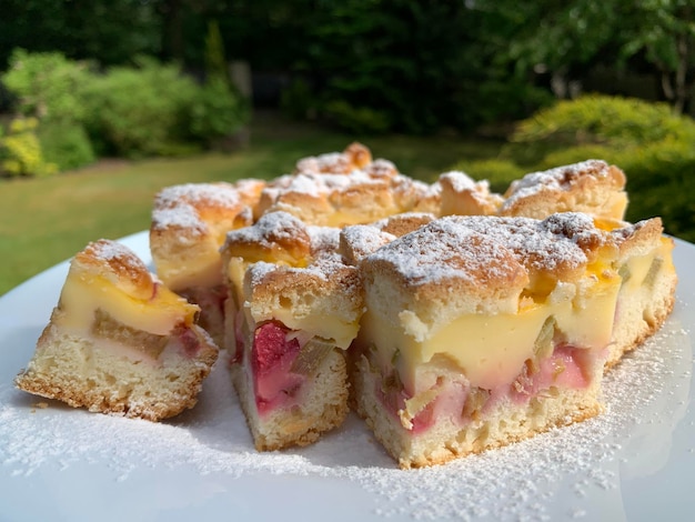 Torta primaverile al rabarbaro spolverata di zucchero a velo