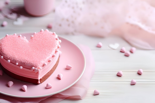 Torta rosa a forma di cuore per il giorno di San Valentino su uno sfondo chiaro