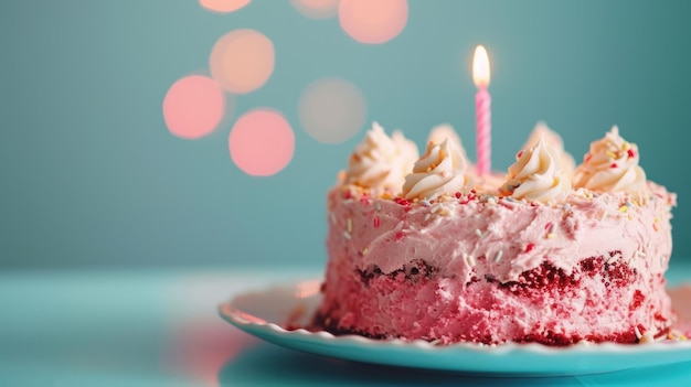 Torta rosa con glassa bianca e candela accesa