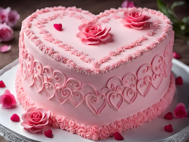 torta rosa crema a forma di cuore con rose