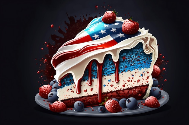 Torta rossa bianca e blu con sopra la bandiera americana. Il giorno dei presidenti. Stati Uniti d'America