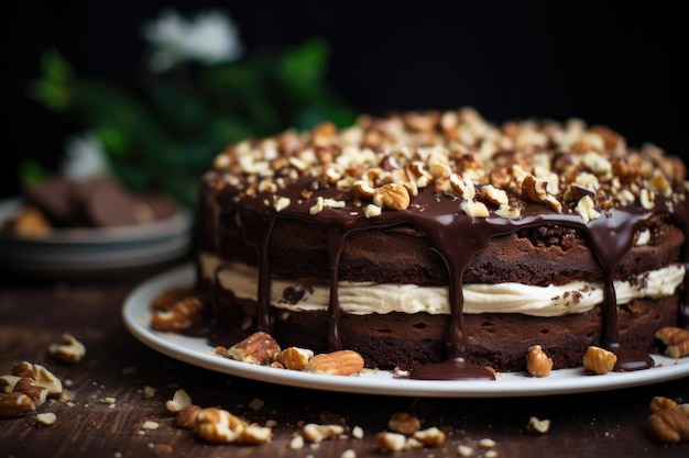 Torta rotonda a strato di cioccolato con noci e glassa di ciocollato Pezzi di cioccolate e briciole di noci