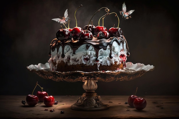 Torta Schwarzwald Torta al cioccolato con crema al burro e ciliegie AI generativa