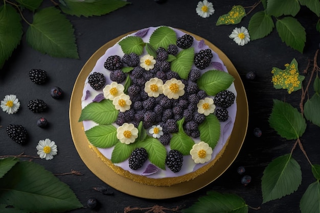Torta shu di piante di gelso in fiore con foglie e bacche create con l'IA generativa