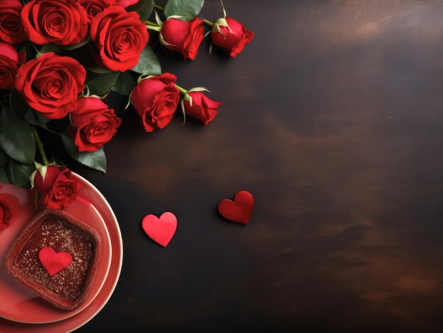 Torta su un piatto rose cuori su uno sfondo di legno scuro Valentino concetto vista superiore spazio di copia