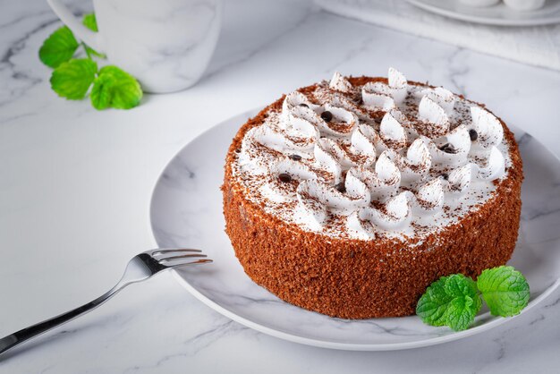 Torta tiramisù fatta in casa perfetta cosparsa di cacao in polvere sul piatto sopra il piano del tavolo in marmo bianco