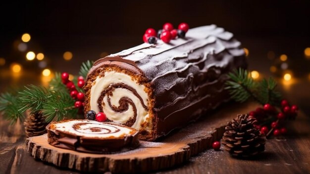 Torta tradizionale al tronco di cioccolato o torta di tronco sul tavolo con decorazioni natalizie AI generativa