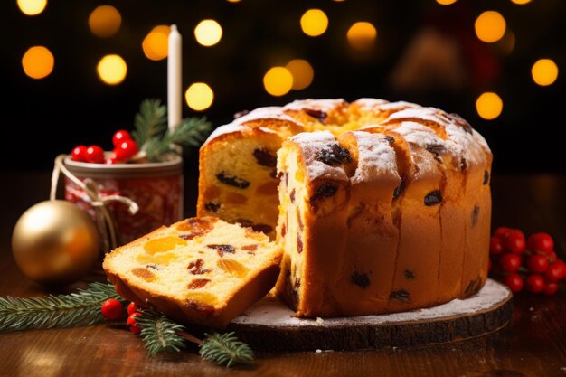 Torta tradizionale di Natale con uvette e mirtilli secchi su sfondo di legno