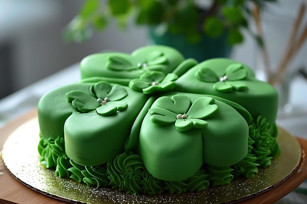 Torta verde decorata con foglie di trifoglio concetto di dolci del giorno di San Patrizio