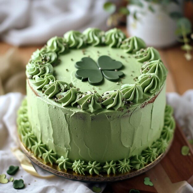 Torta verde decorata con foglie di trifoglio concetto di dolci del giorno di San Patrizio