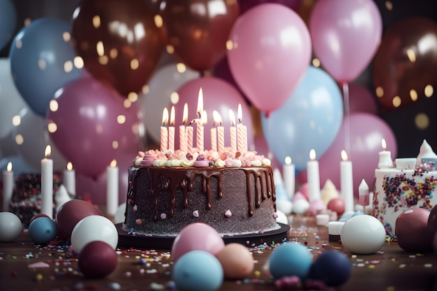 torte al cioccolato con candele circondate da palloncini bianchi