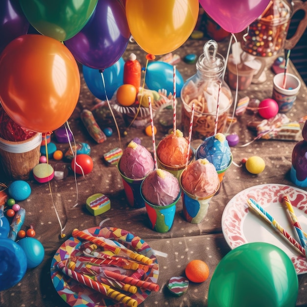 Torte caramelle cioccolato fischietti strisce palloncini festa di compleanno per bambini IA generativa