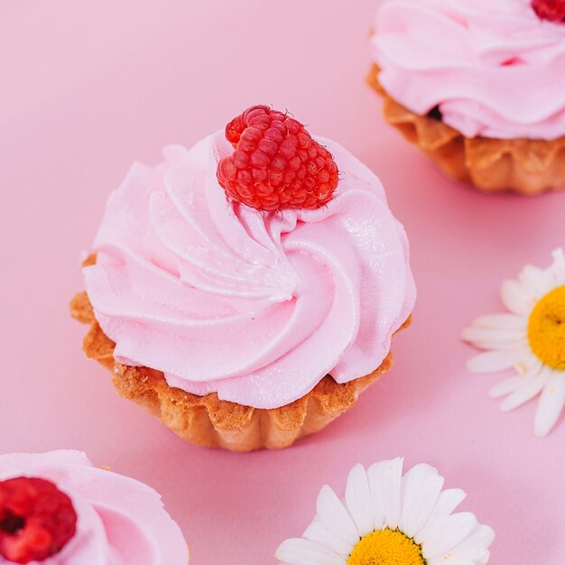 torte con crema d'aria ai lamponi su fondo rosa