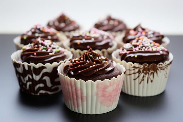 Torte di cioccolato a contrasto estetico disposte in una tazza su uno sfondo bianco