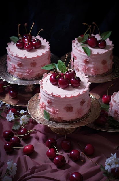 torte di formaggio cremoso con ciliegie nello stile del beige scuro e del rosa