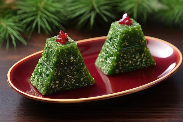 Torte di gelatina verde invernale a forma di albero di Natale con semi di lino e rami di abete