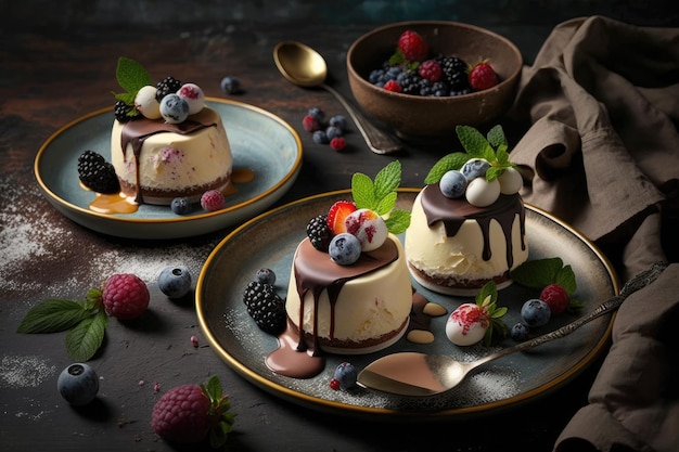 Torte di mousse con crema e frutti di bosco su piatto creato con ai generativo