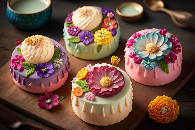 Torte di mousse fatte in casa a forma di bellissimi fiori luminosi creati con l'IA generativa