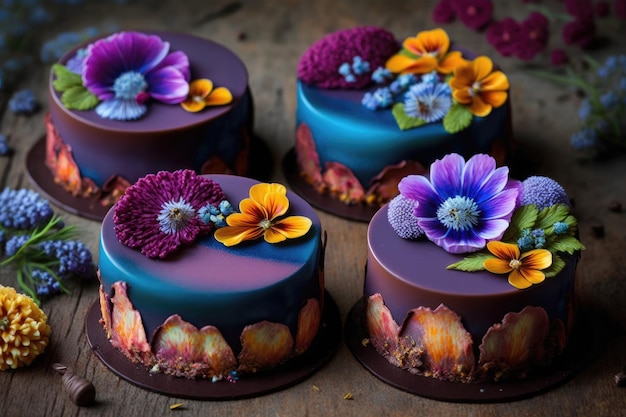 Torte di mousse fatte in casa a forma di bellissimi fiori luminosi creati con l'IA generativa