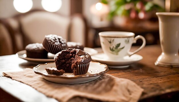 Torte fatte in casa Muffin al cioccolato serviti per il tè Generativo Ai