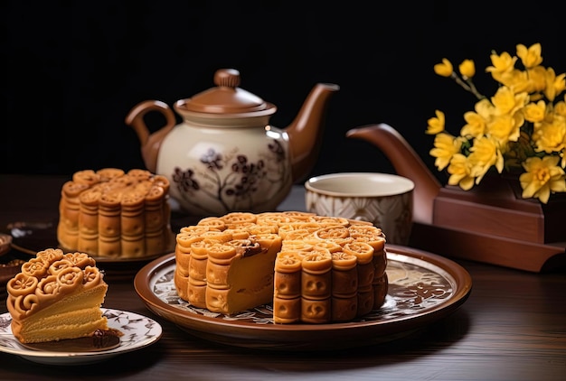 torte su un piatto accanto a una teiera e fiori nello stile di he jiaying