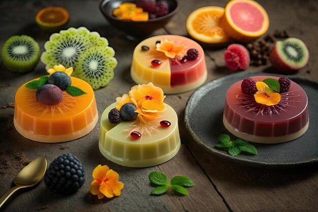 Torte tradizionali di mousse di frutta esotica con frutti diversi creati con l'IA generativa