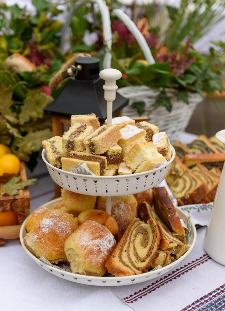 Foto torte tradizionali miste al forno casalingo su vassoio su tavola con decorazioni autunnali