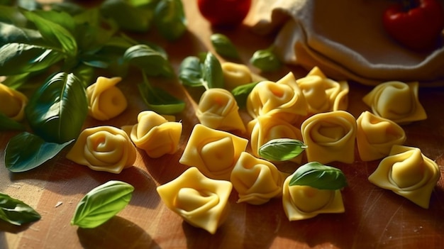 Tortellini italiani crudi fatti in casa e foglie di basilico