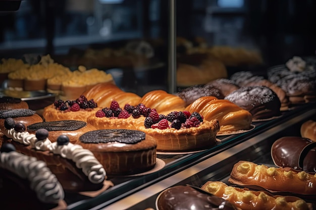 Tortine fresche abbondano in questa deliziosa vetrina di panetteria