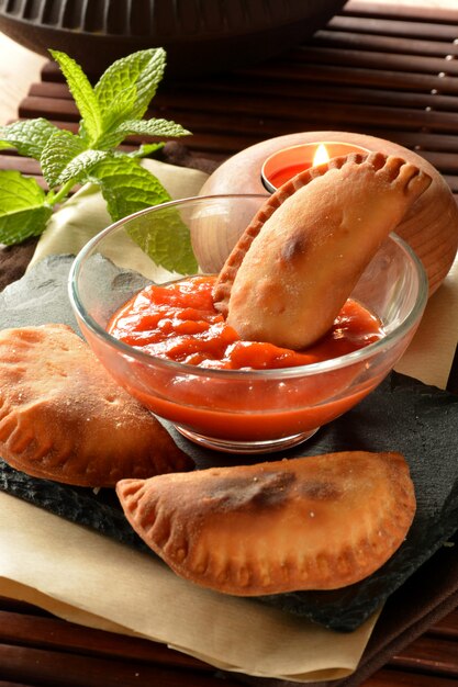 Tortino di tonno fatto in casa con salsa di pomodoro sul tavolo di legno