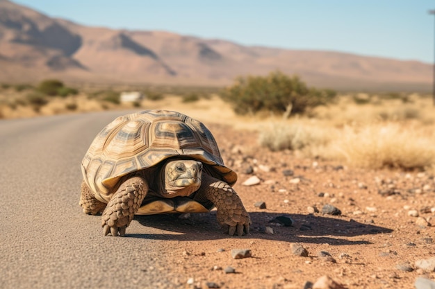 Tortuga che attraversa la strada del deserto